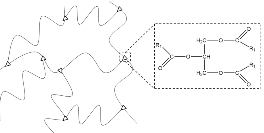 Schematische wellige Polymerkette mit Dreieckmarkern und vergrößertem chemischen Strukturdiagramm einer Esterverbindung